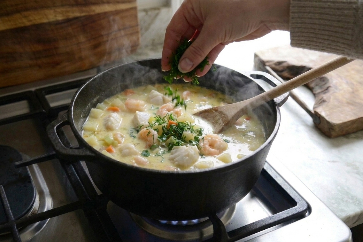 Chopped fresh herbs being sprinkled over a pot of seafood chowder on the stove