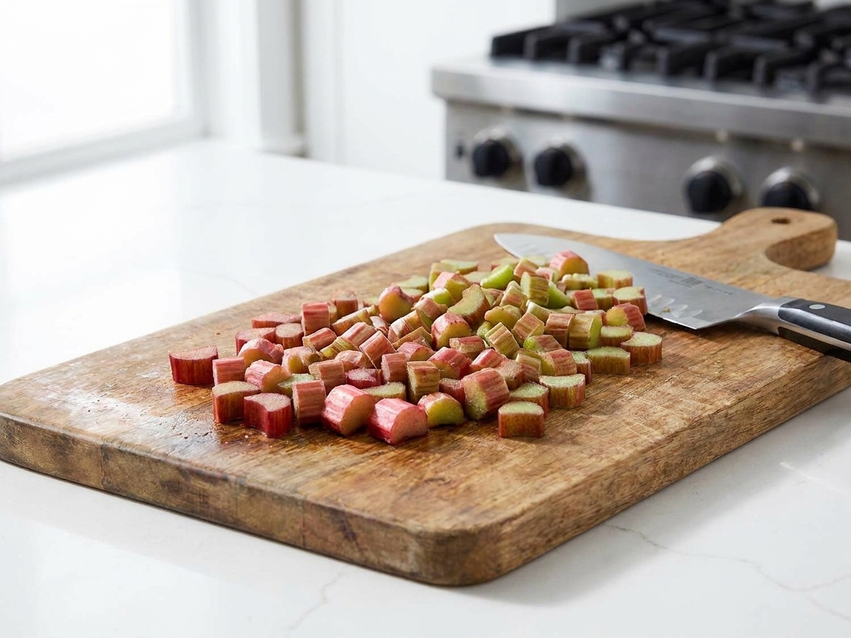 Chopped fresh rhubarb cut into small 1/4-inch pieces on a wooden cutting board in a bright home kitchen