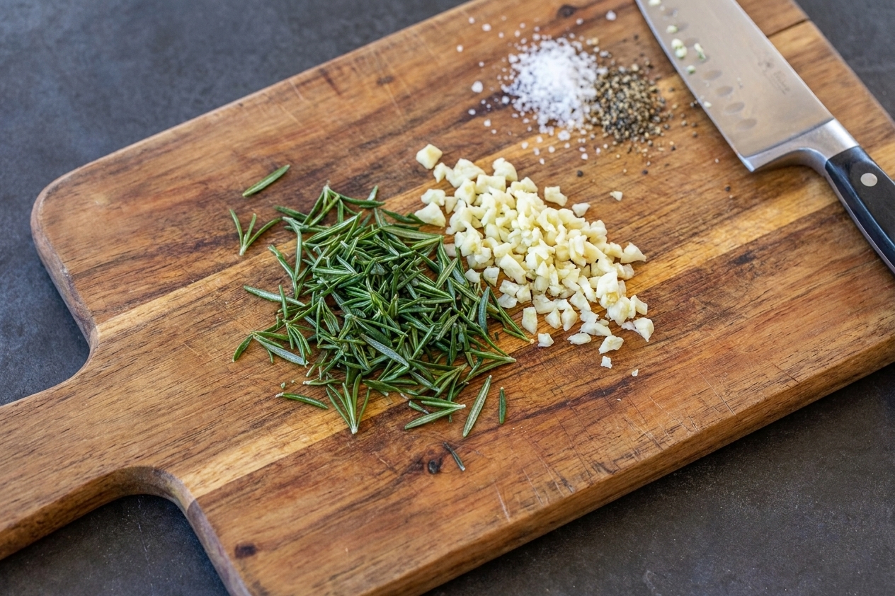Chopped fresh rosemary and minced garlic on a wooden cutting board on a bright kitchen counter
