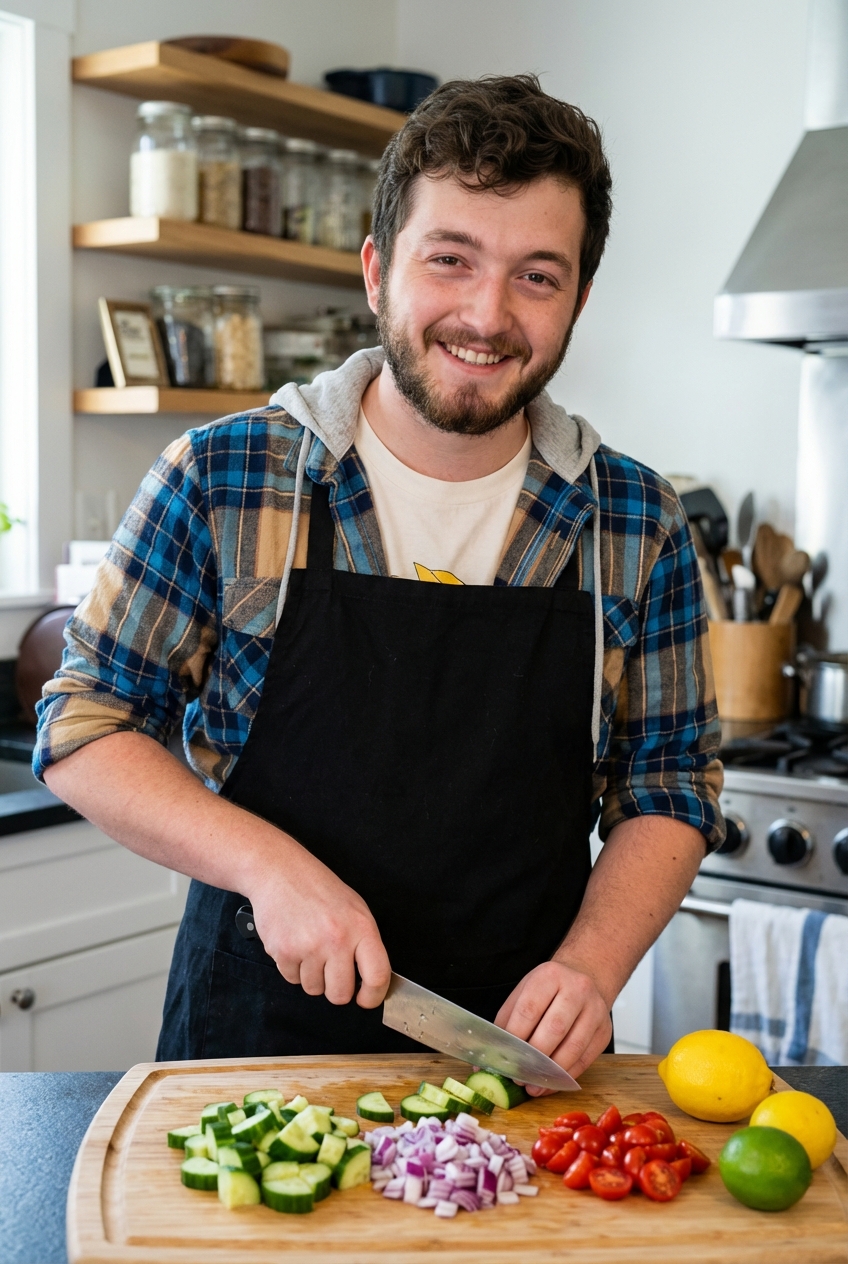 Chopped fresh vegetables on a cutting board including cucumber, red onion, and cherry tomatoes with a lemon and lime nearby