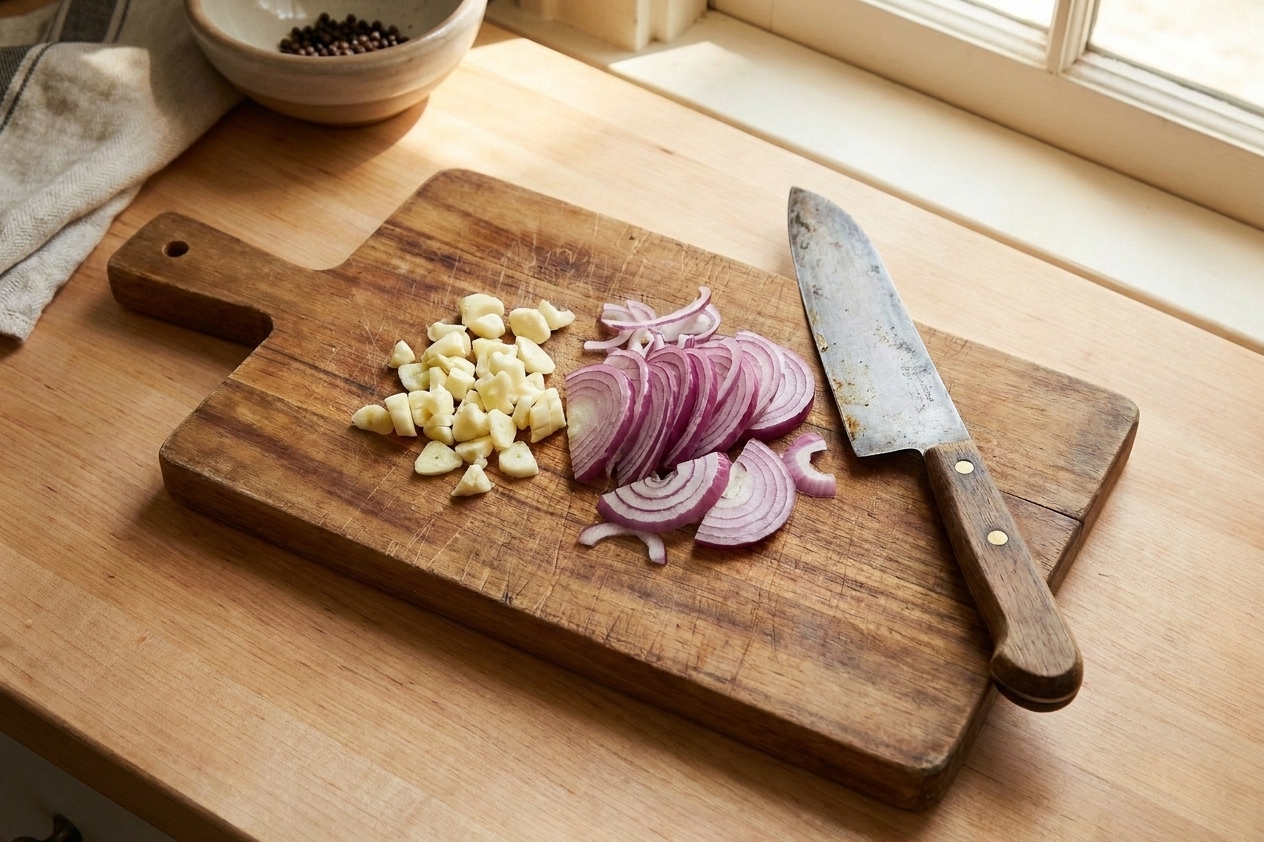 Chopped garlic and sliced onion on a wooden cutting board next to a chef’s knife in a home kitchen