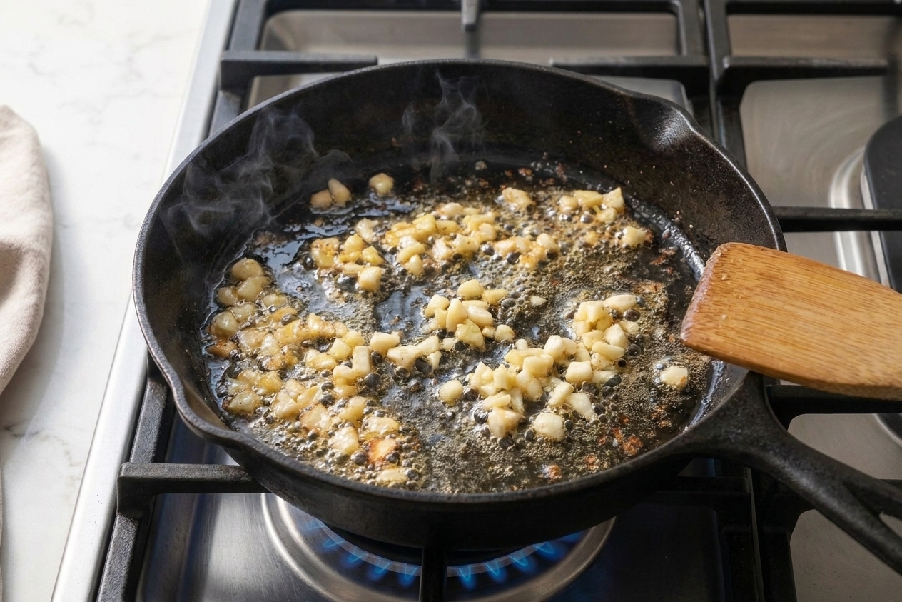 Chopped garlic gently frying in a small pan with bubbling oil, turning light golden