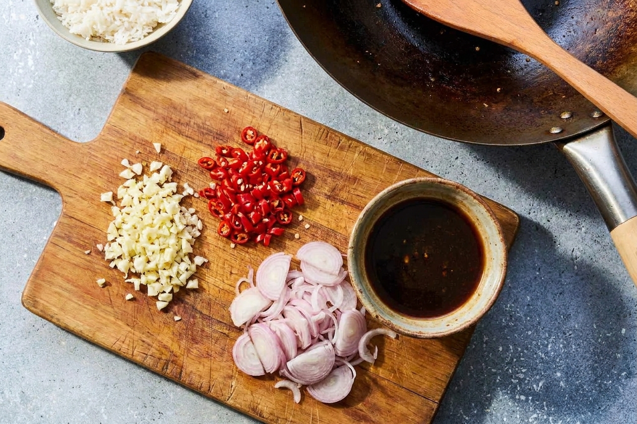 Chopped garlic, sliced Thai chiles, and sliced shallot on a cutting board next to a small bowl of mixed stir fry sauce