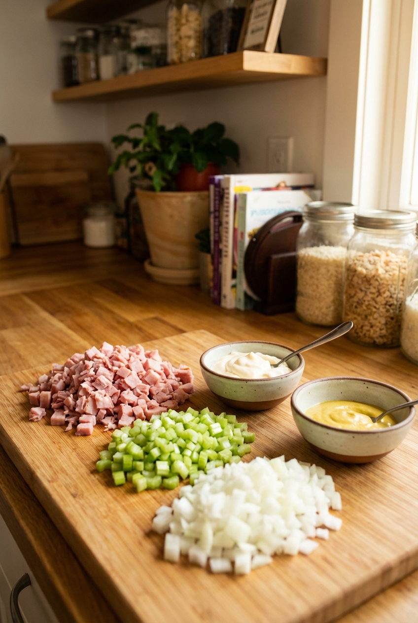 Chopped ham, diced celery, diced onion, and small bowls of mayonnaise and mustard on a kitchen counter