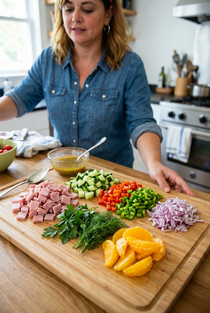 Chopped ham, diced cucumber, diced bell pepper, red onion, herbs, and orange segments arranged on a cutting board