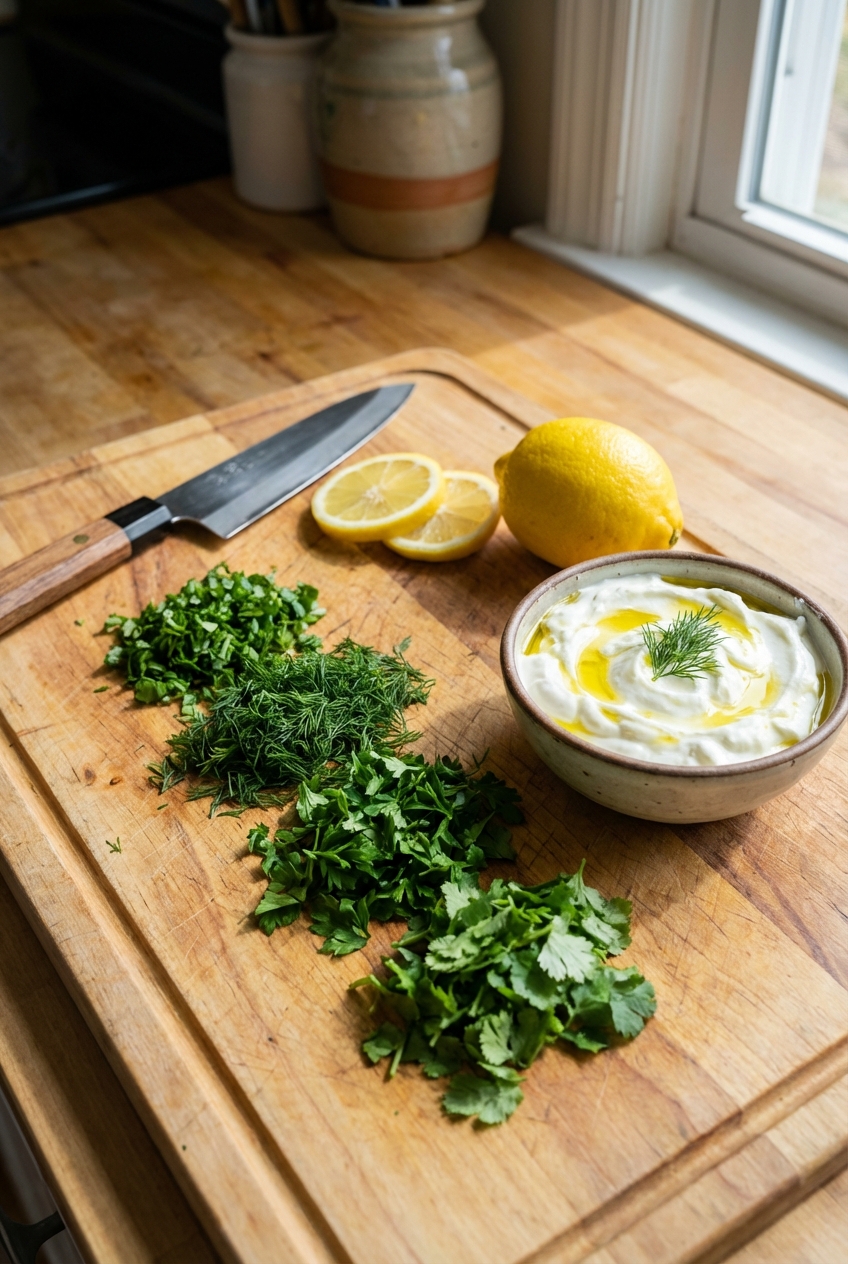 Chopped herbs on a cutting board with a lemon and a small bowl of yogurt