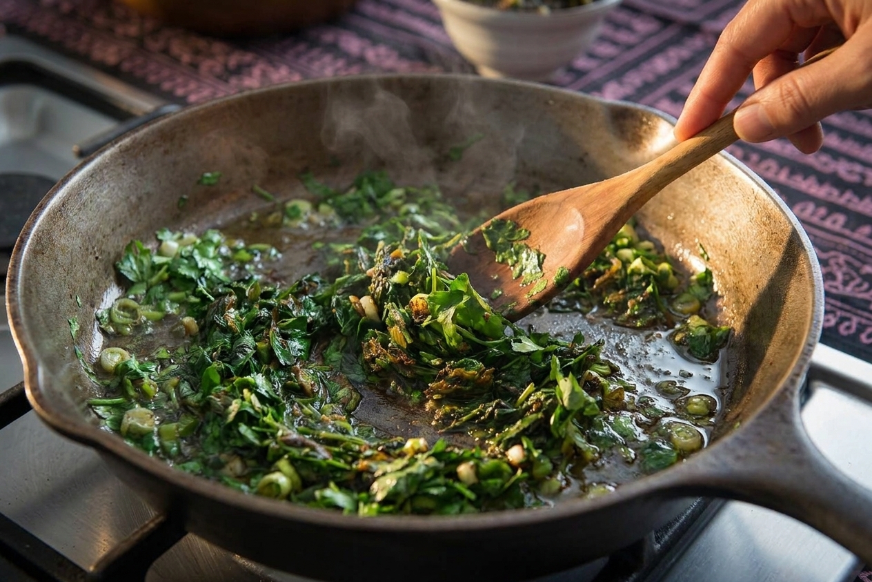 Chopped herbs sautéing in a wide skillet, darkening as they are stirred over the stovetop