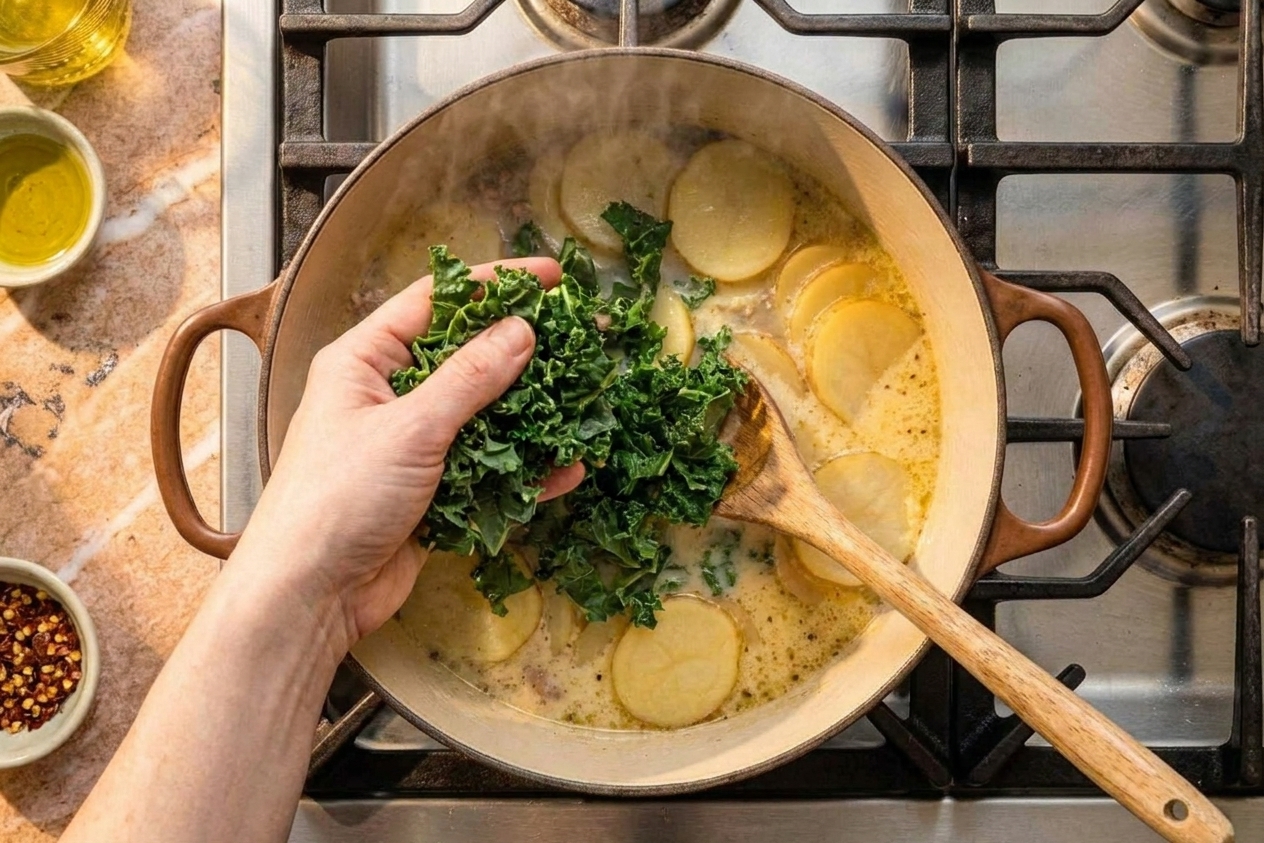 Chopped kale being added into a simmering pot of sausage and potato soup on the stove