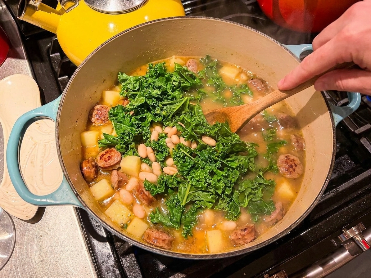 Chopped kale being stirred into simmering Italian sausage soup in a pot on the stove