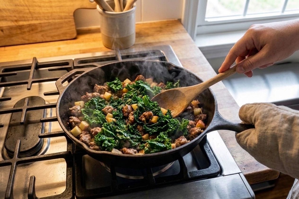 Chopped kale wilting into a sausage and apple mixture in a skillet with steam rising on a stovetop