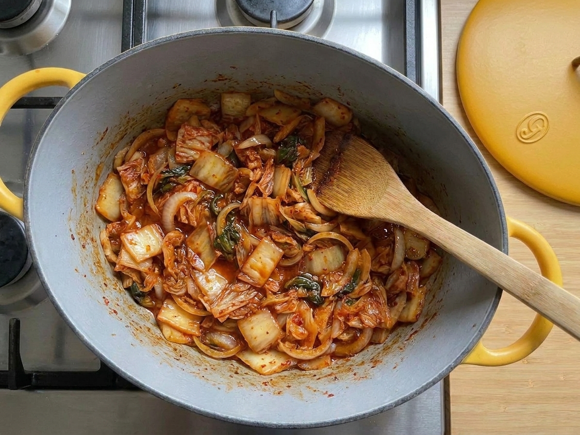 Chopped kimchi and sliced onion being sautéed in a pot, turning glossy and slightly caramelized