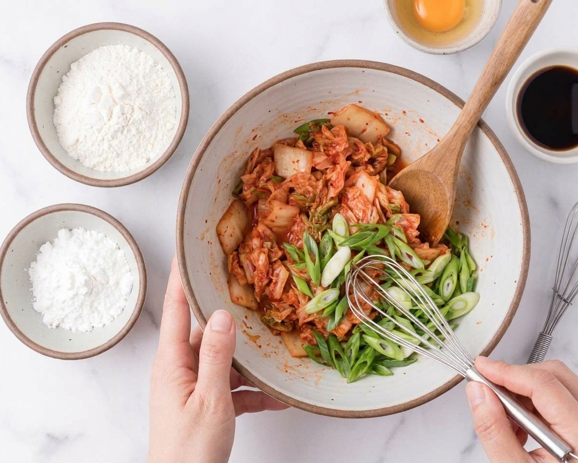 Chopped kimchi and sliced scallions in a mixing bowl next to flour and cornstarch on a kitchen counter