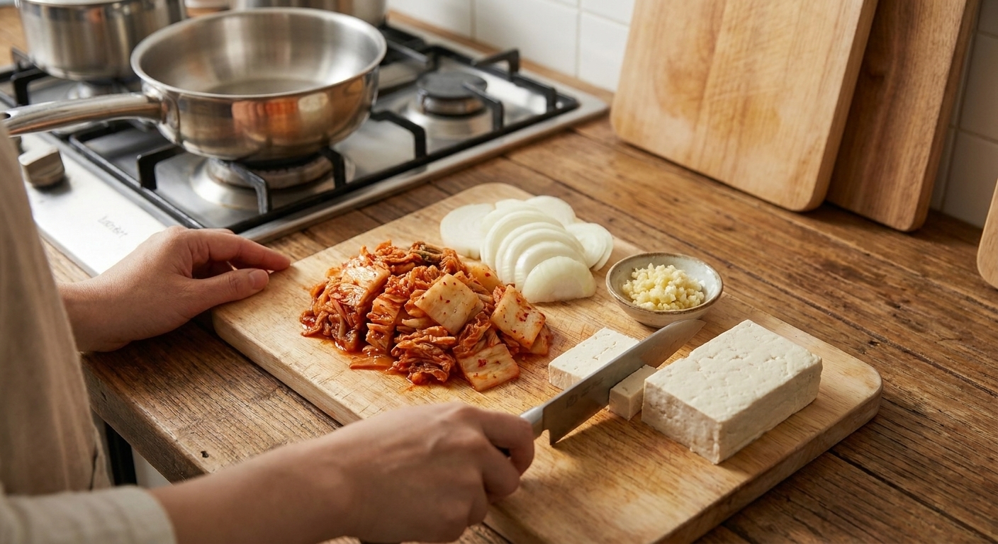 Chopped kimchi piled on a wooden cutting board beside sliced onion, minced garlic, and a block of tofu ready to be cubed