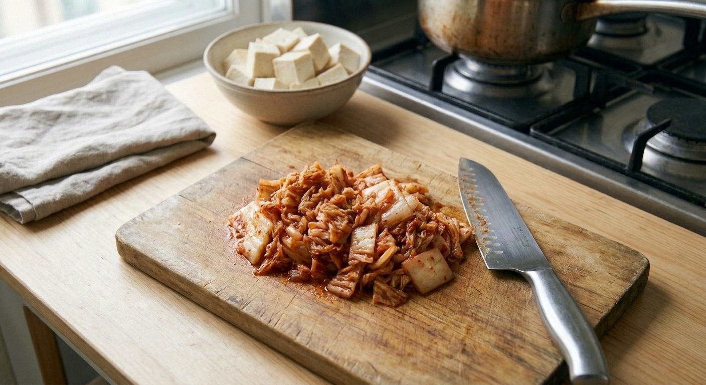 Chopped kimchi piled on a wooden cutting board with a chef’s knife beside it on a kitchen counter