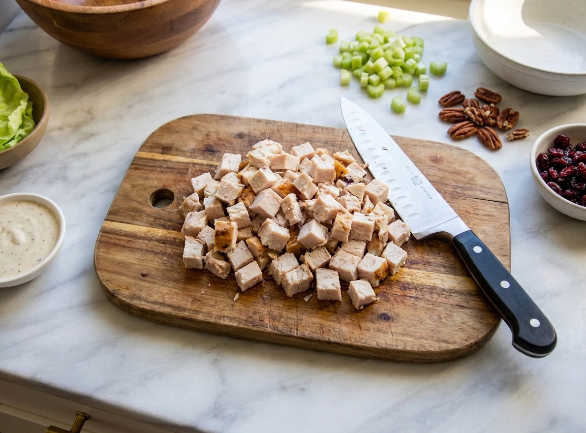 Chopped leftover roasted turkey on a wooden cutting board with a chef knife on a bright kitchen counter