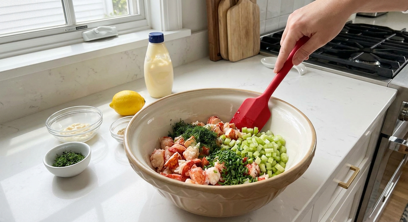 Chopped lobster, celery, and herbs being gently folded together in a mixing bowl with a rubber spatula on a bright kitchen counter