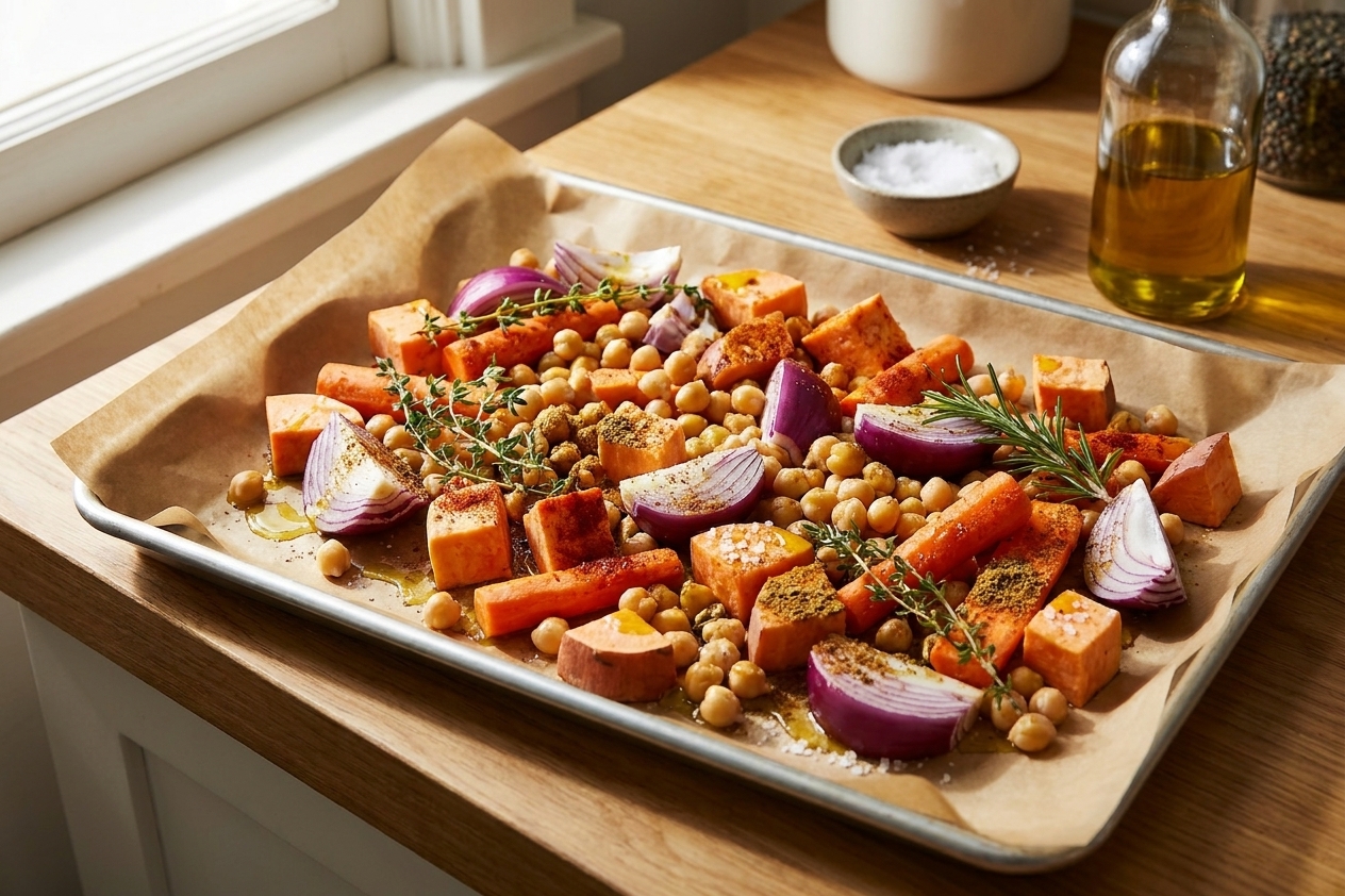 Chopped mixed vegetables and chickpeas spread on a parchment-lined sheet pan with olive oil and spices, ready to roast on a kitchen counter