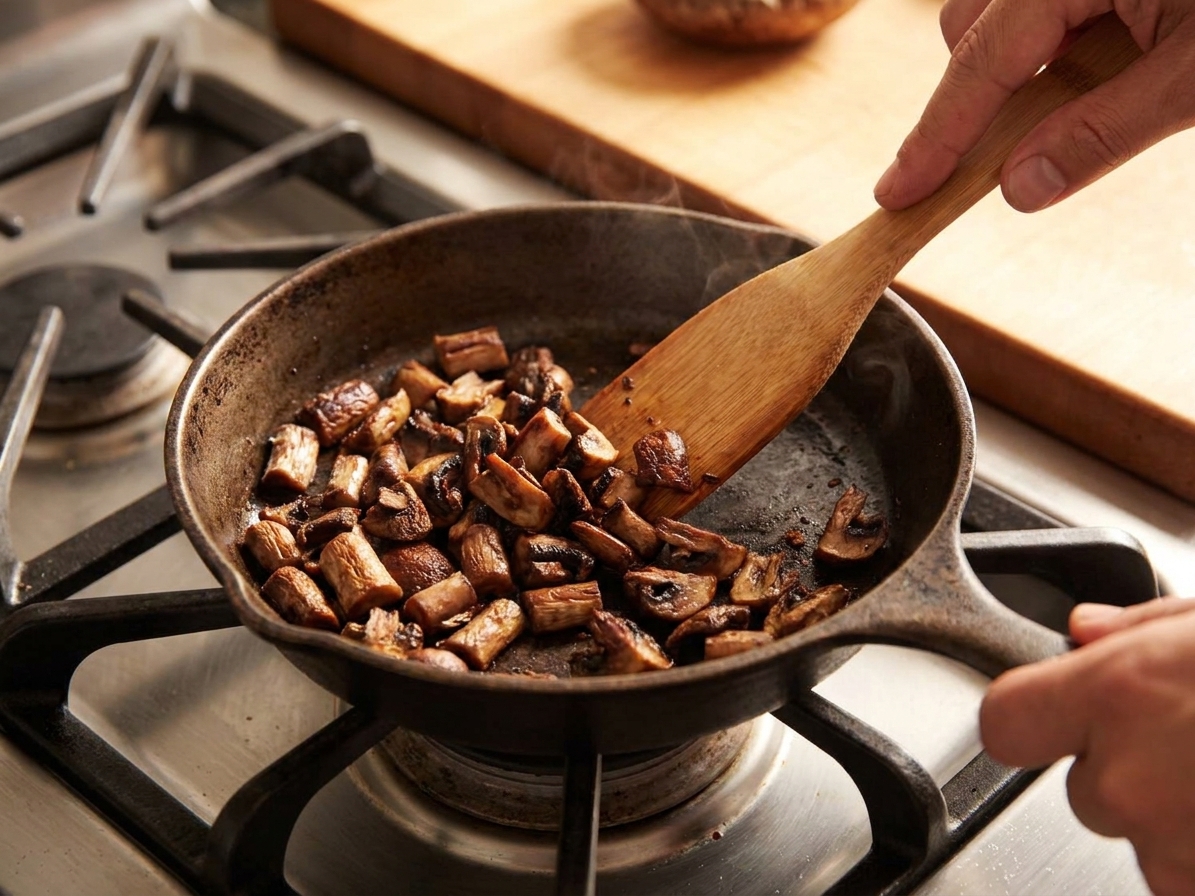 Chopped mushroom stems sauteing in a small skillet until browned and dry