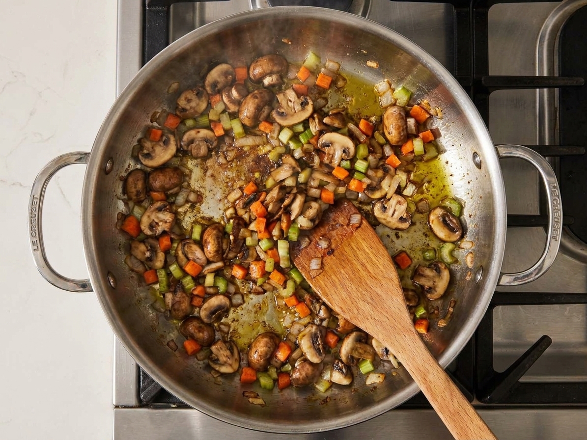 Chopped mushrooms and diced vegetables sautéing in a large skillet on a stovetop, lightly browned and glossy