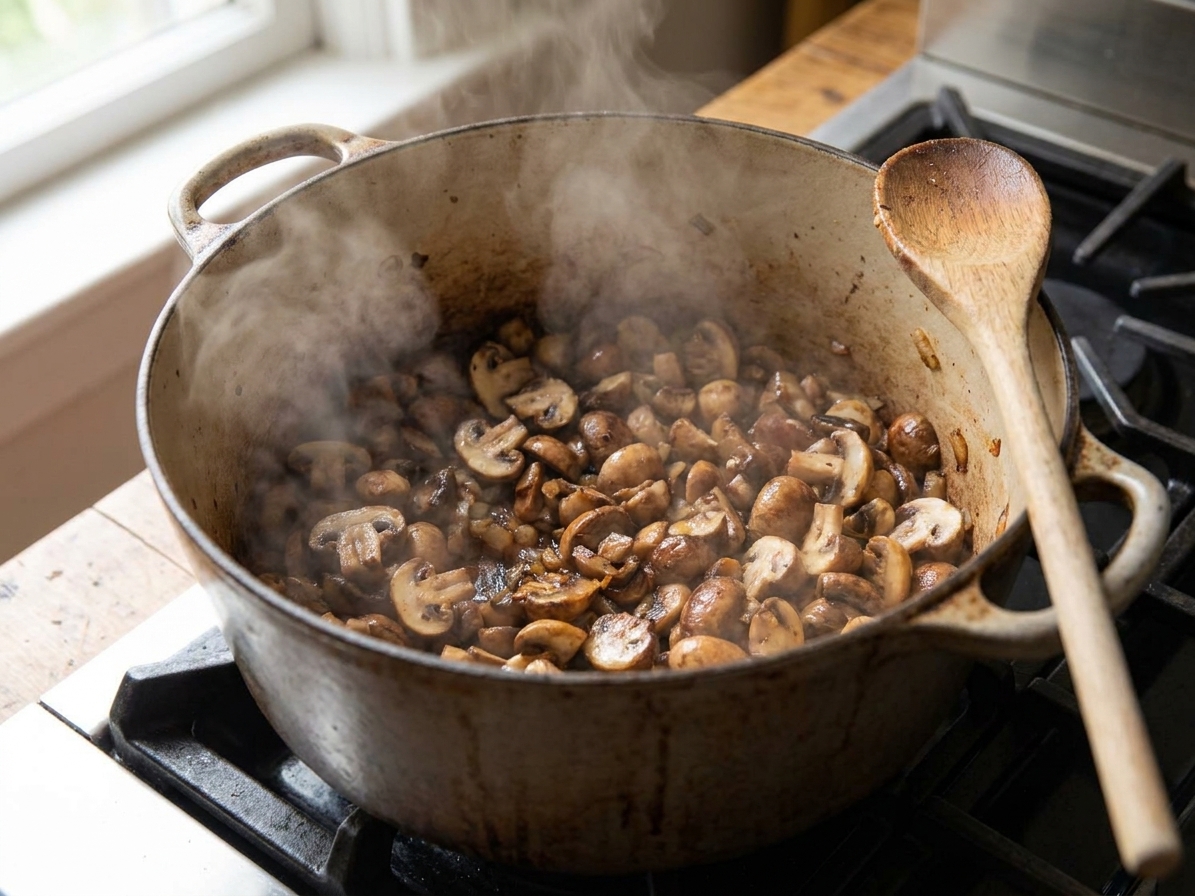 Chopped mushrooms cooking down in a large pot on the stove, starting to brown around the edges with steam rising