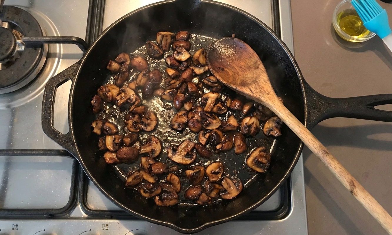 Chopped mushrooms sautéing in a skillet on a stovetop until browned, with a wooden spoon resting in the pan