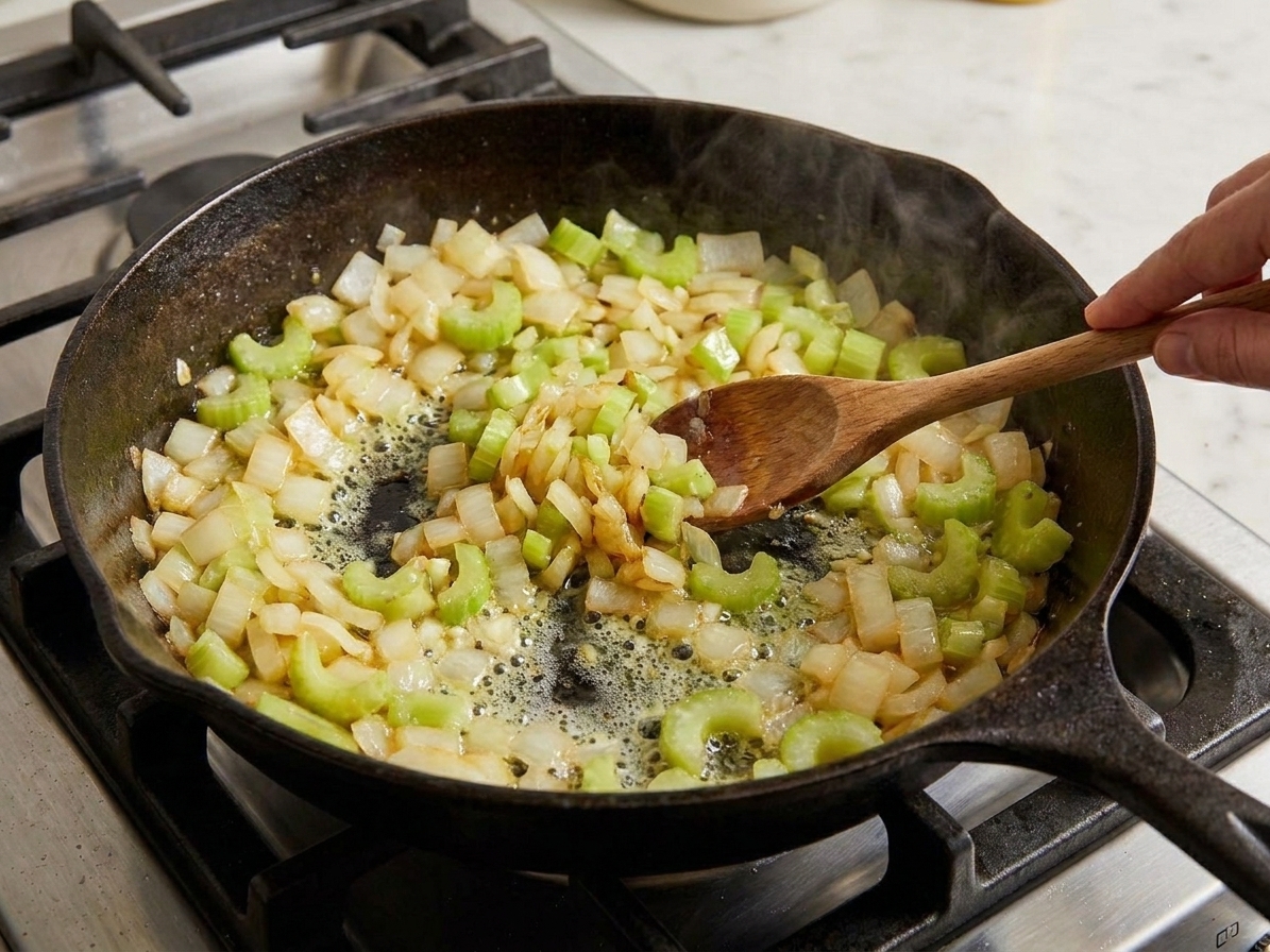 Chopped onion and celery sautéing in melted butter in a large skillet on a stovetop