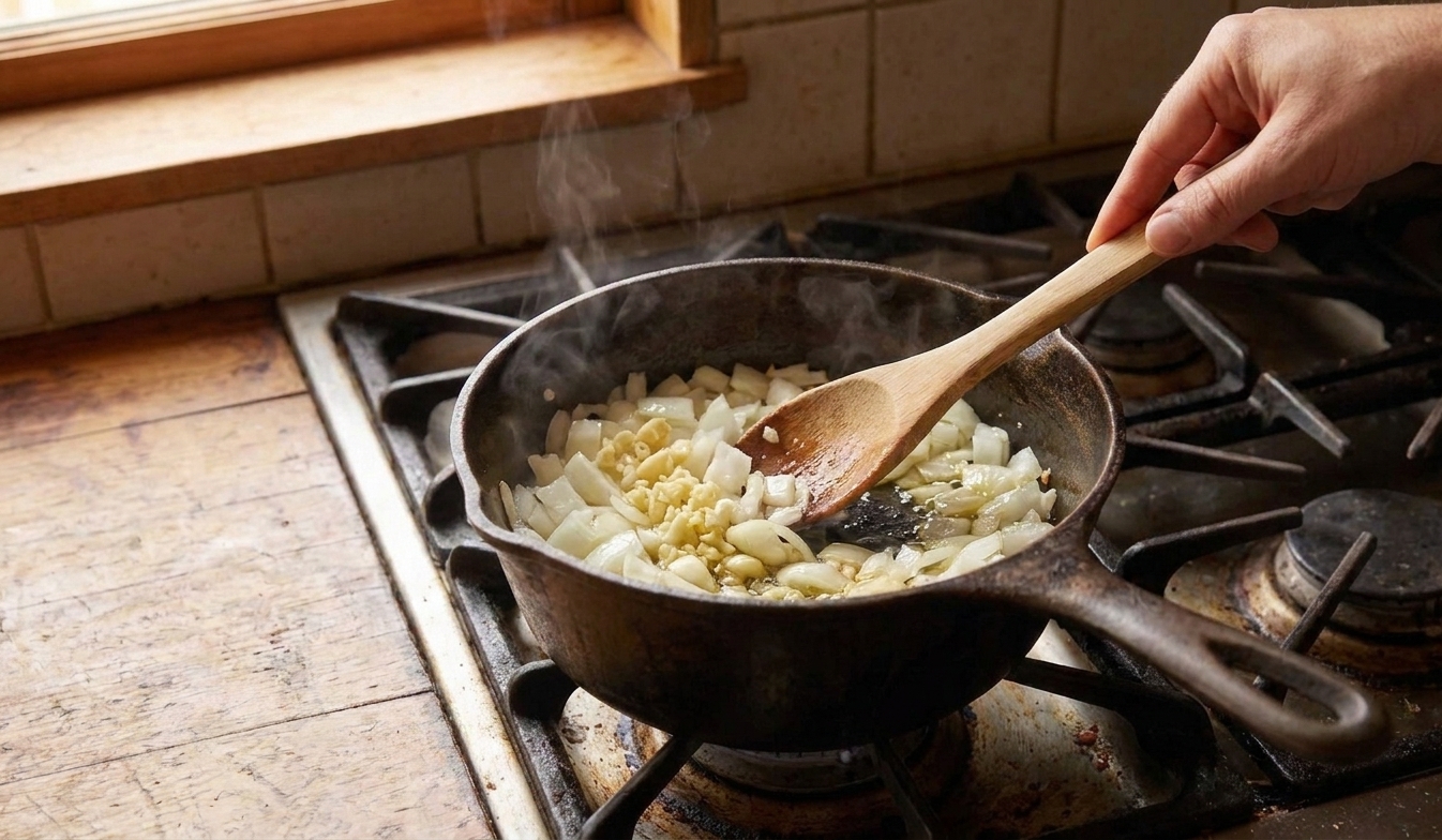 Chopped onion and garlic sautéing in a saucepan with a wooden spoon stirring on the stovetop