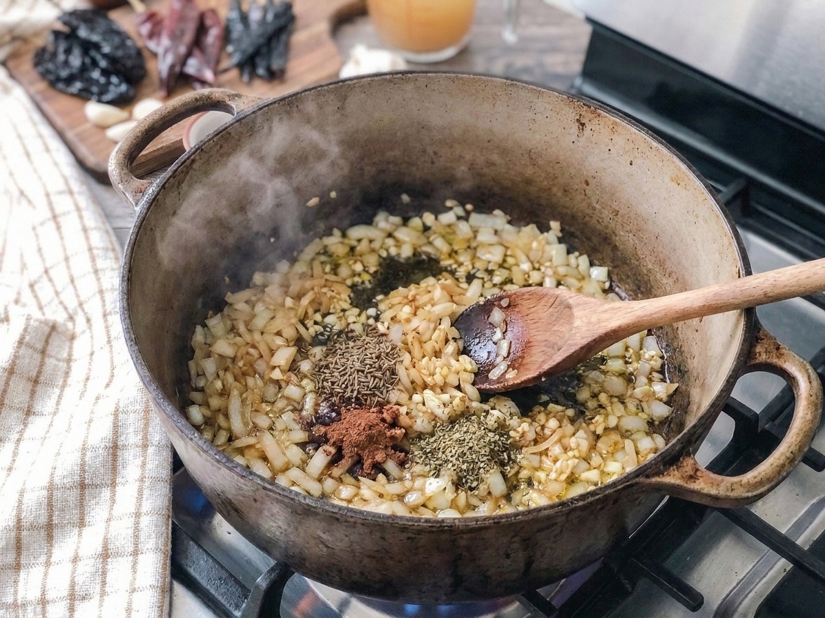 Chopped onion and garlic sautéing with spices in a pot, wooden spoon stirring on the stovetop
