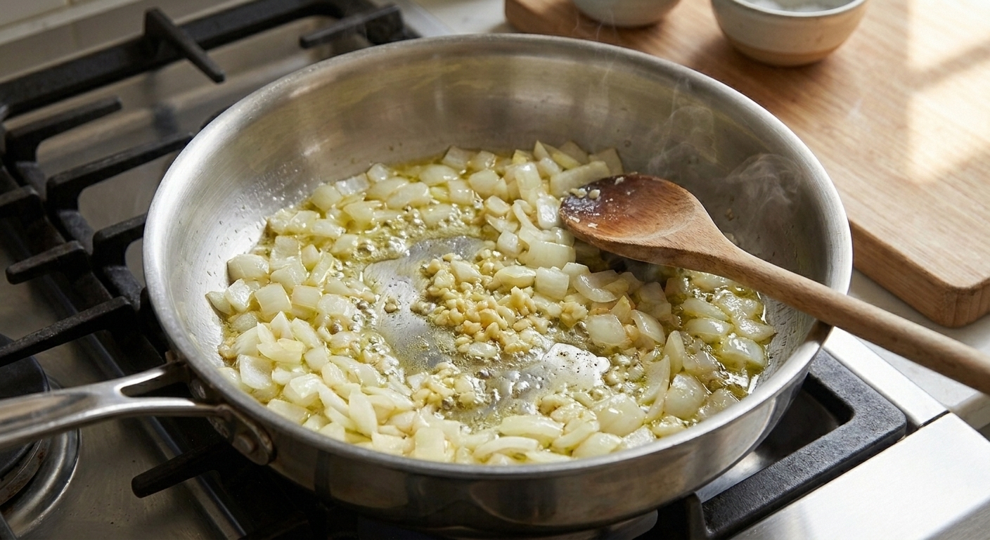 Chopped onion and garlic sizzling in a wide pan on the stovetop, softened and glossy in butter and olive oil