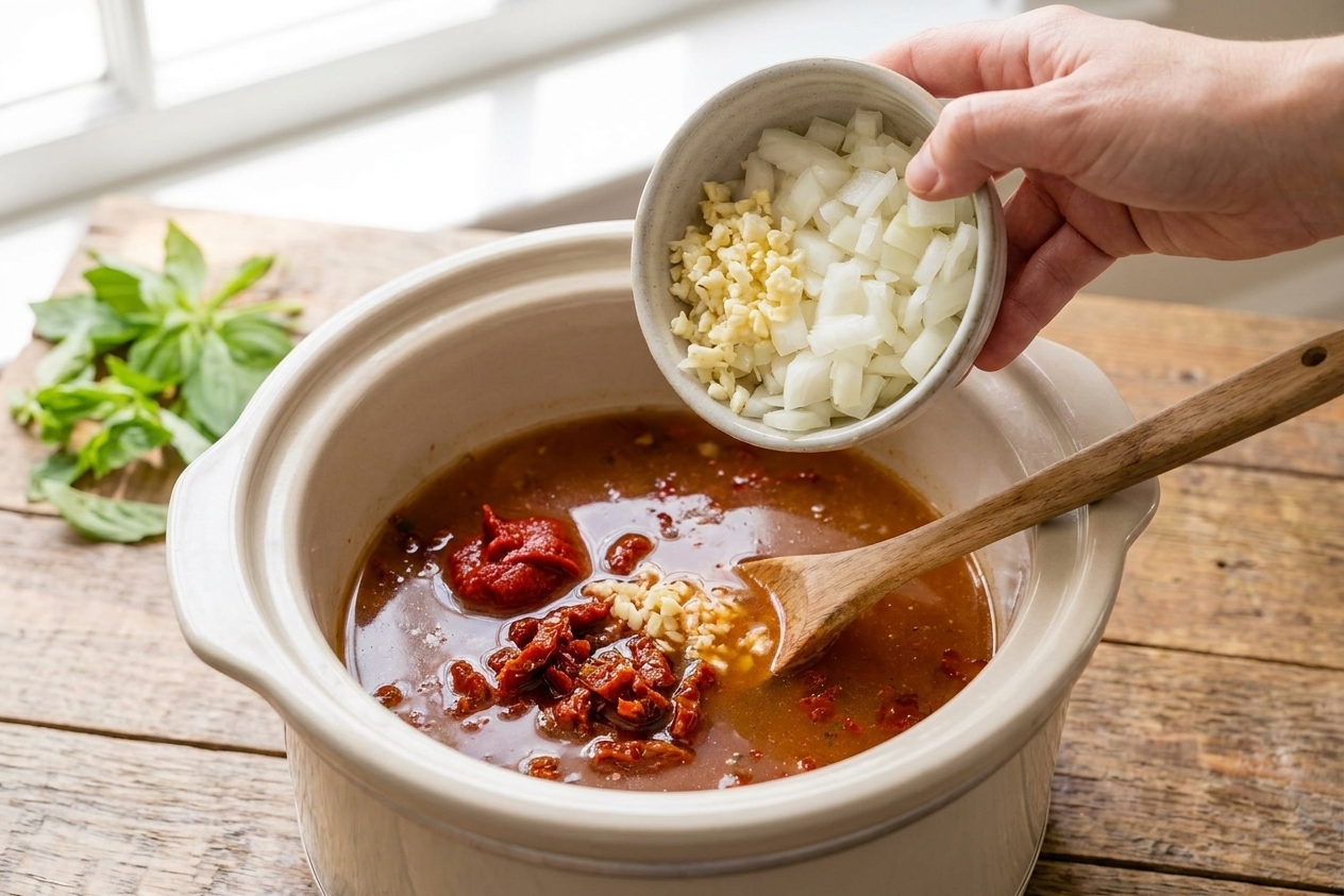 Chopped onion and minced garlic being added to a slow cooker with broth, sun-dried tomatoes, and tomato paste already inside