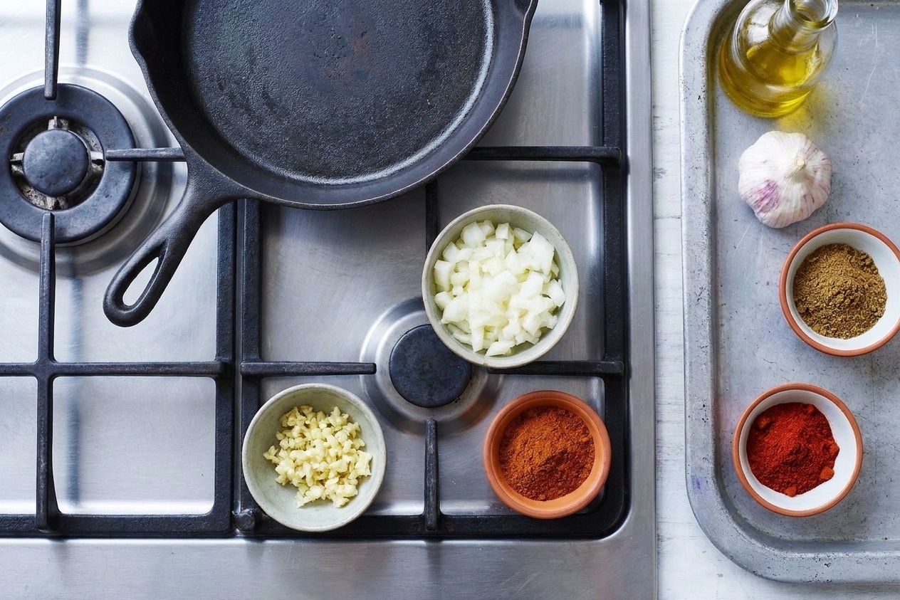 Chopped onion and minced garlic beside small bowls of cumin, chili powder, and smoked paprika on a kitchen counter, ready for cooking