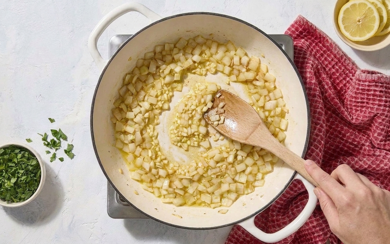Chopped onion and minced garlic cooking in a skillet with a wooden spoon stirring