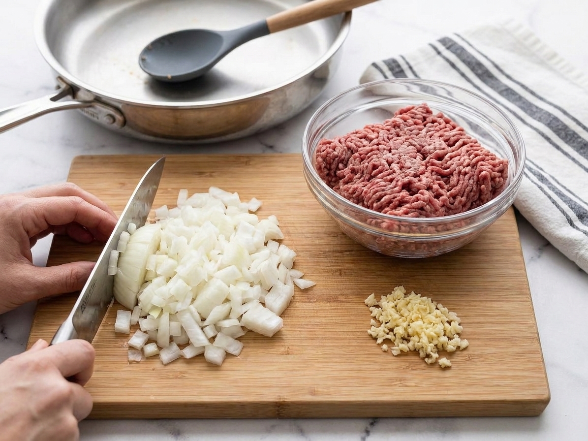 Chopped onion and minced garlic next to a bowl of ground beef on a wooden cutting board in a home kitchen