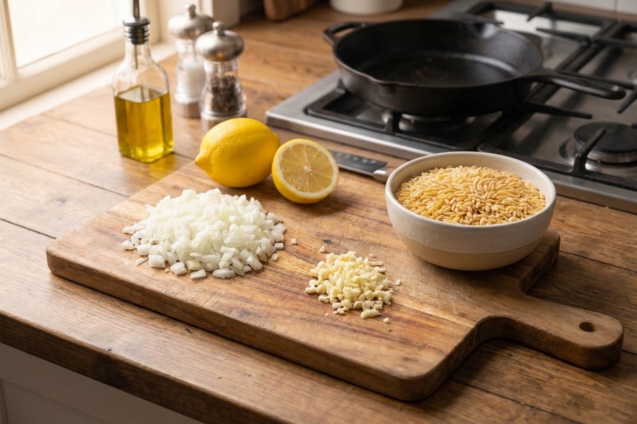 Chopped onion and minced garlic next to a bowl of dry orzo and a lemon on a cutting board on a kitchen counter