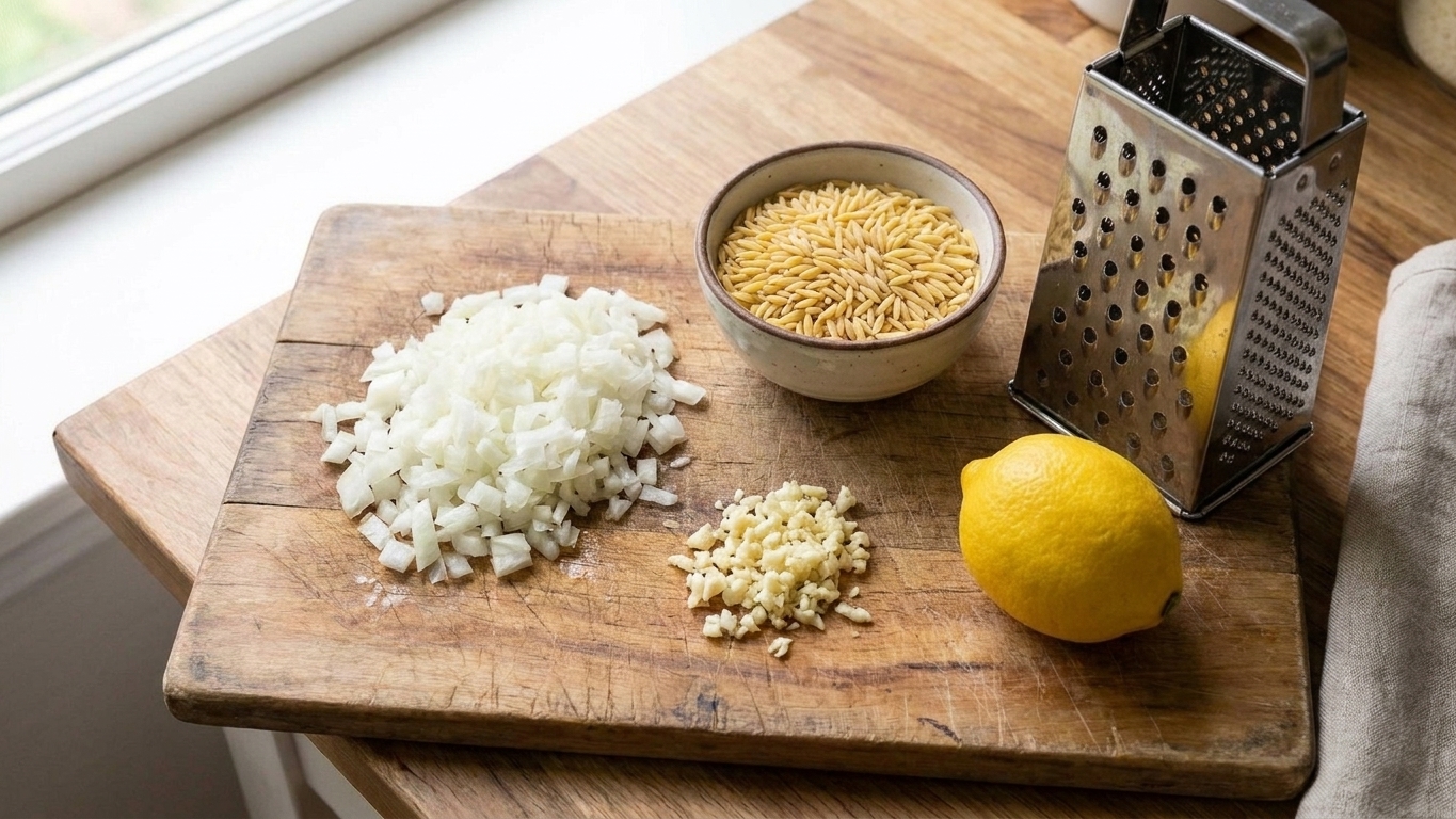 Chopped onion and minced garlic next to a bowl of dry orzo on a cutting board, with a lemon and a box grater on a home kitchen counter