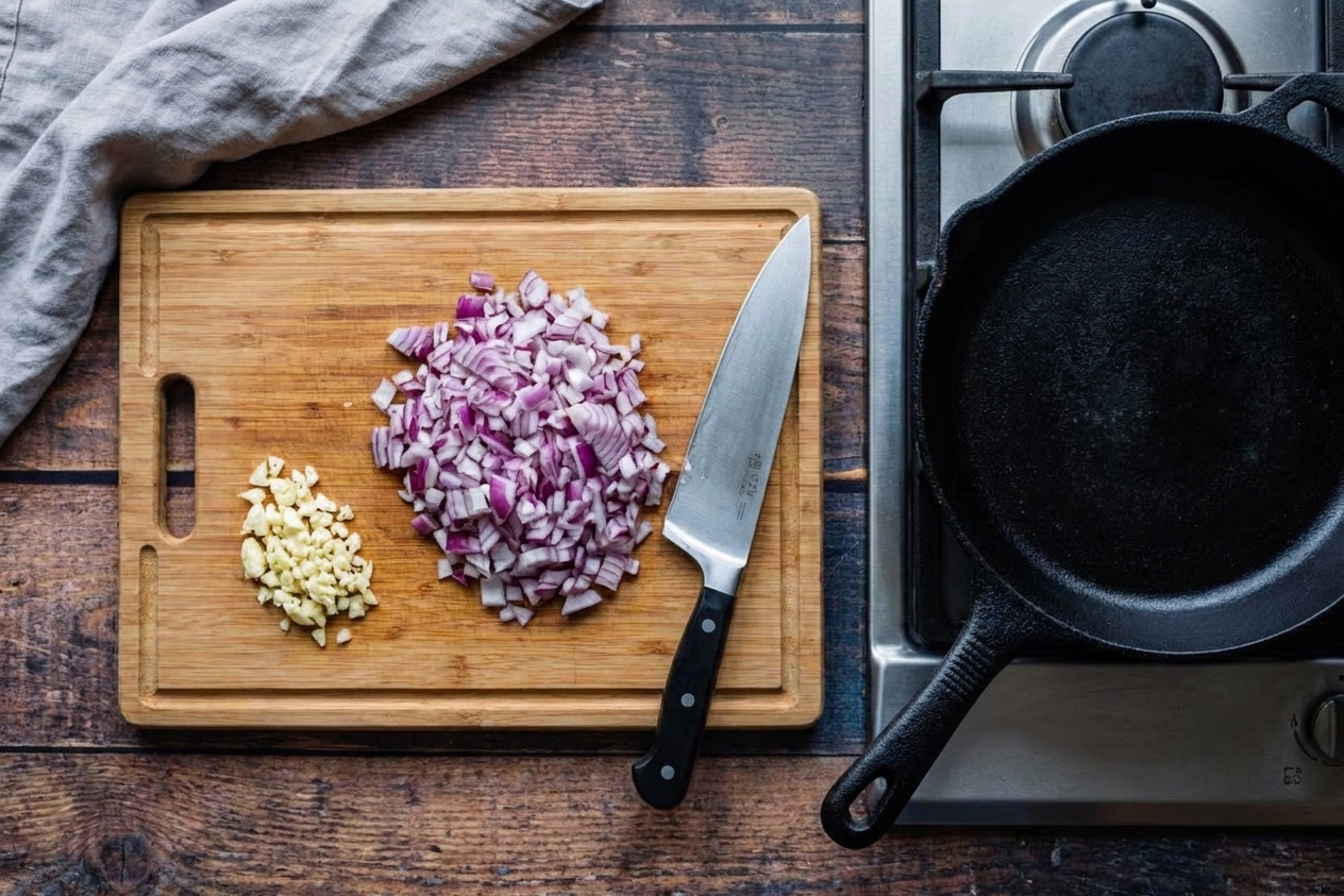 Chopped onion and minced garlic on a cutting board beside a skillet on a stovetop in a bright home kitchen