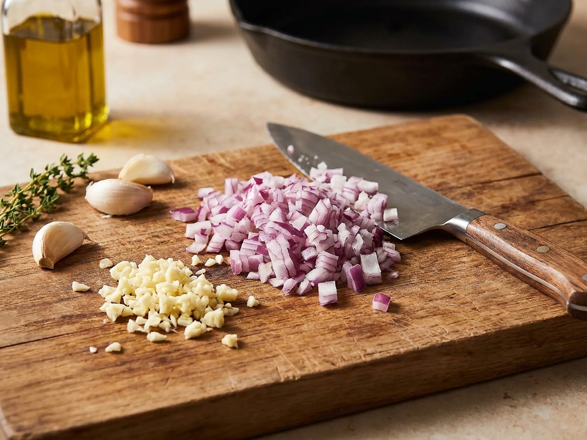 Chopped onion and minced garlic on a cutting board with a chef’s knife, ready for cooking