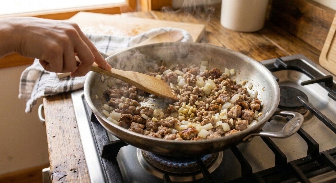 Chopped onion and minced garlic sauteing with browned sausage in a skillet, with steam rising