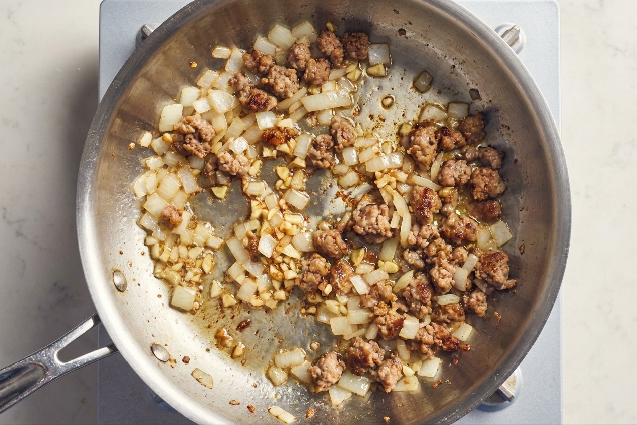 Chopped onion and minced garlic sautéing in a skillet with browned sausage, glossy from rendered fat