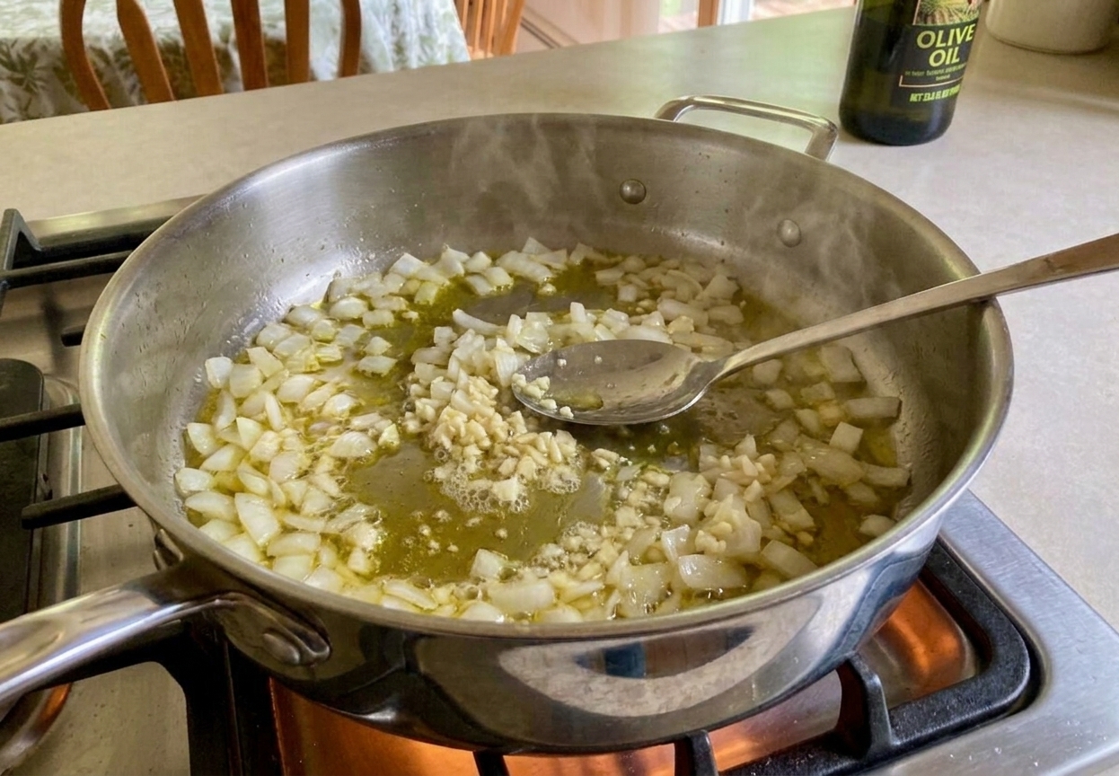 Chopped onion and minced garlic sautéing in olive oil in a deep skillet on a stovetop