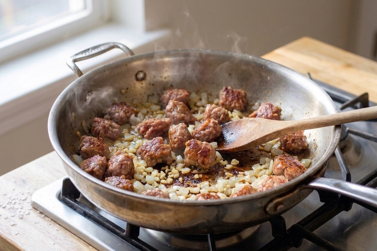 Chopped onion and minced garlic sautéing with browned sausage in a skillet on the stove