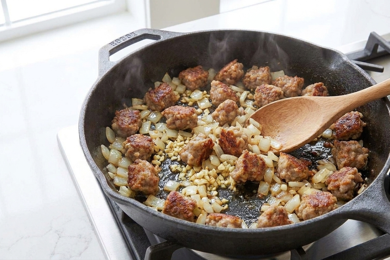 Chopped onion and minced garlic sautéing with browned sausage in a skillet on the stove