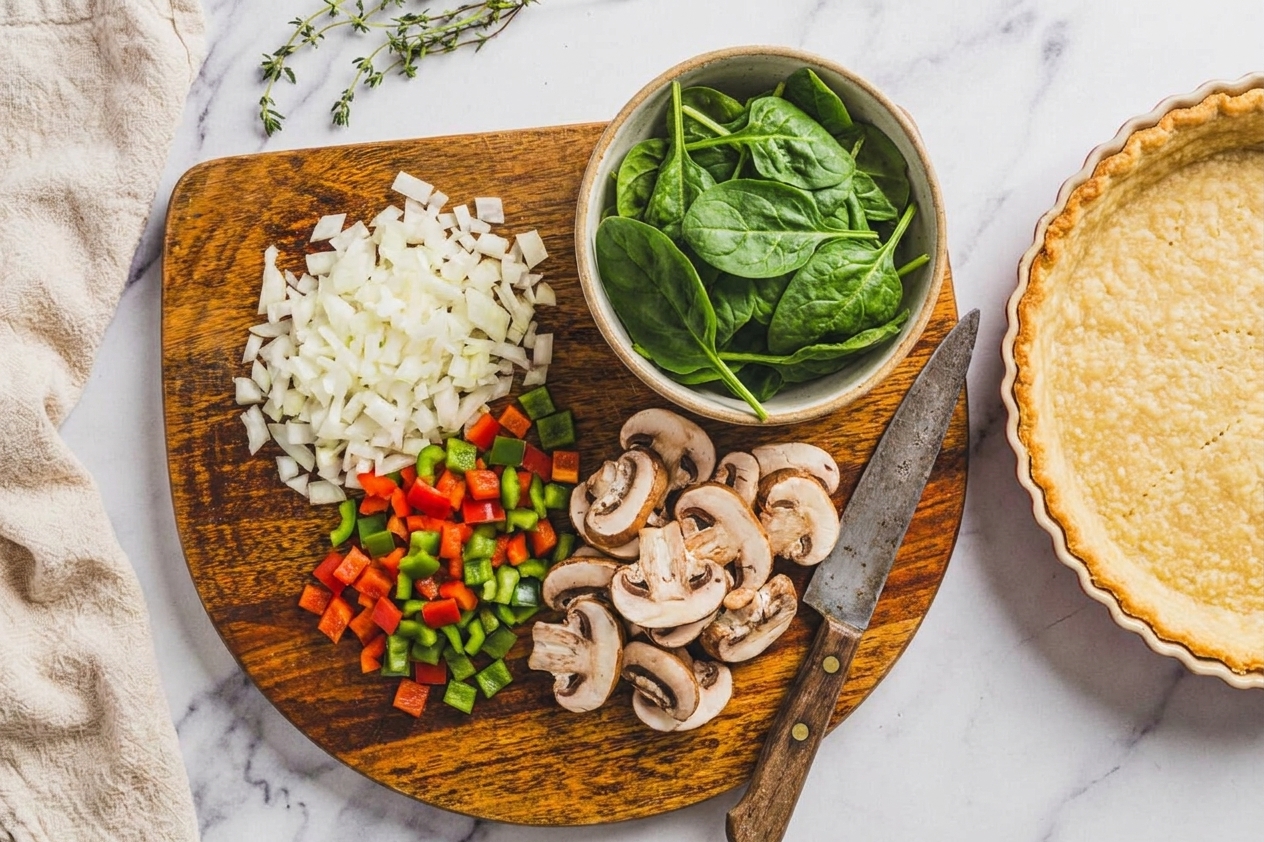 Chopped onion, bell pepper, mushrooms, and a bowl of spinach prepped on a cutting board beside a pie crust