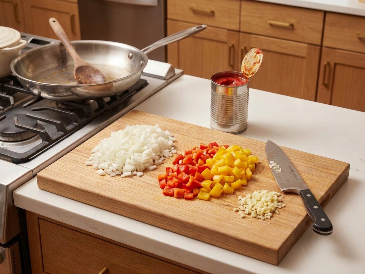 Chopped onion, bell peppers, and minced garlic on a cutting board on a kitchen counter, ready for cooking