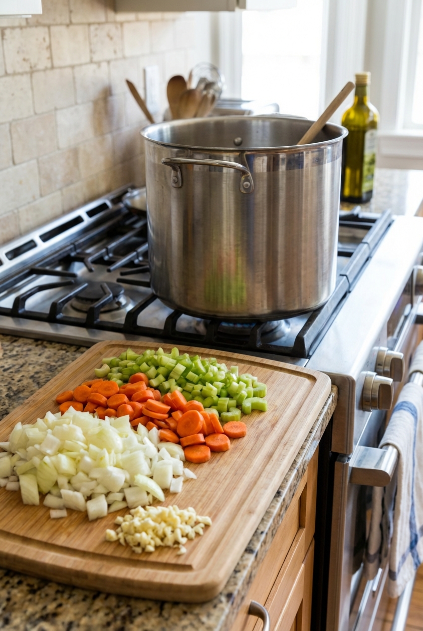 Chopped onion, carrot, celery, and garlic prepped on a cutting board next to a pot on the stove