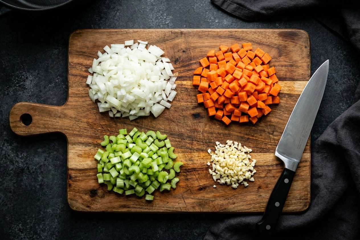 Chopped onion, carrot, celery, and minced garlic arranged in small piles on a wooden cutting board on a kitchen counter