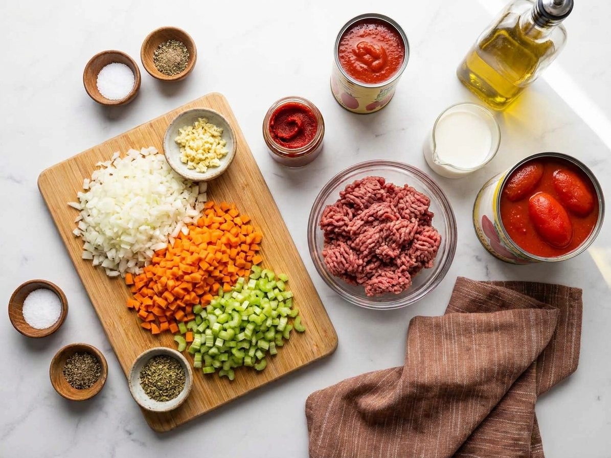 Chopped onion, carrot, celery, garlic, ground beef, tomato paste, canned tomatoes, milk, olive oil, salt, pepper, and dried oregano arranged on a light stone kitchen counter
