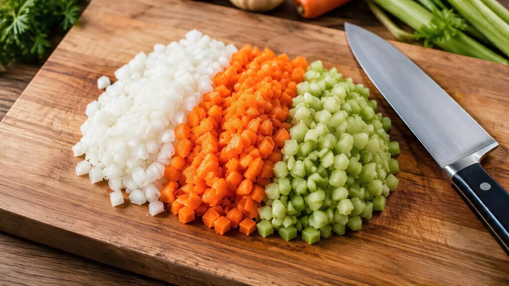 Chopped onion, carrots, and celery in small piles on a wooden cutting board beside smashed garlic cloves in a home kitchen