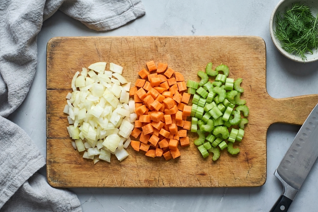 Chopped onion, carrots, and celery in small piles on a cutting board on a home kitchen counter