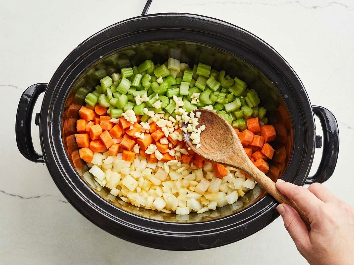 Chopped onion, carrots, celery, and garlic layered in the bottom of a slow cooker before adding broth